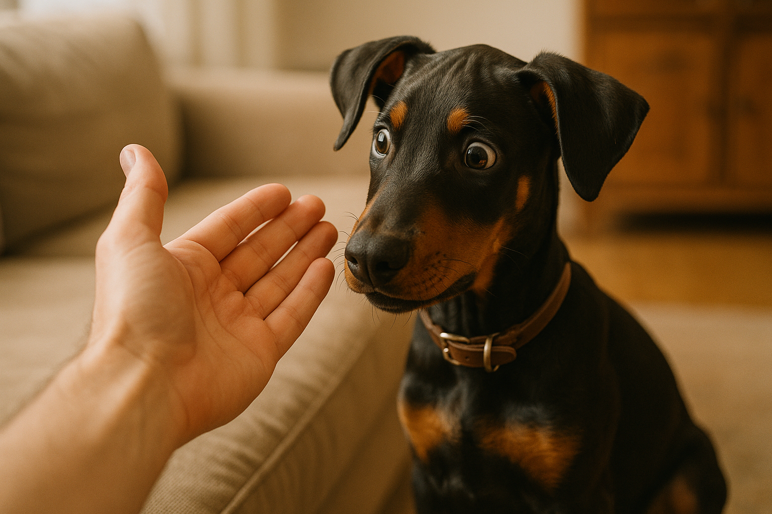 子犬に手のひらを近づけて対応する様子