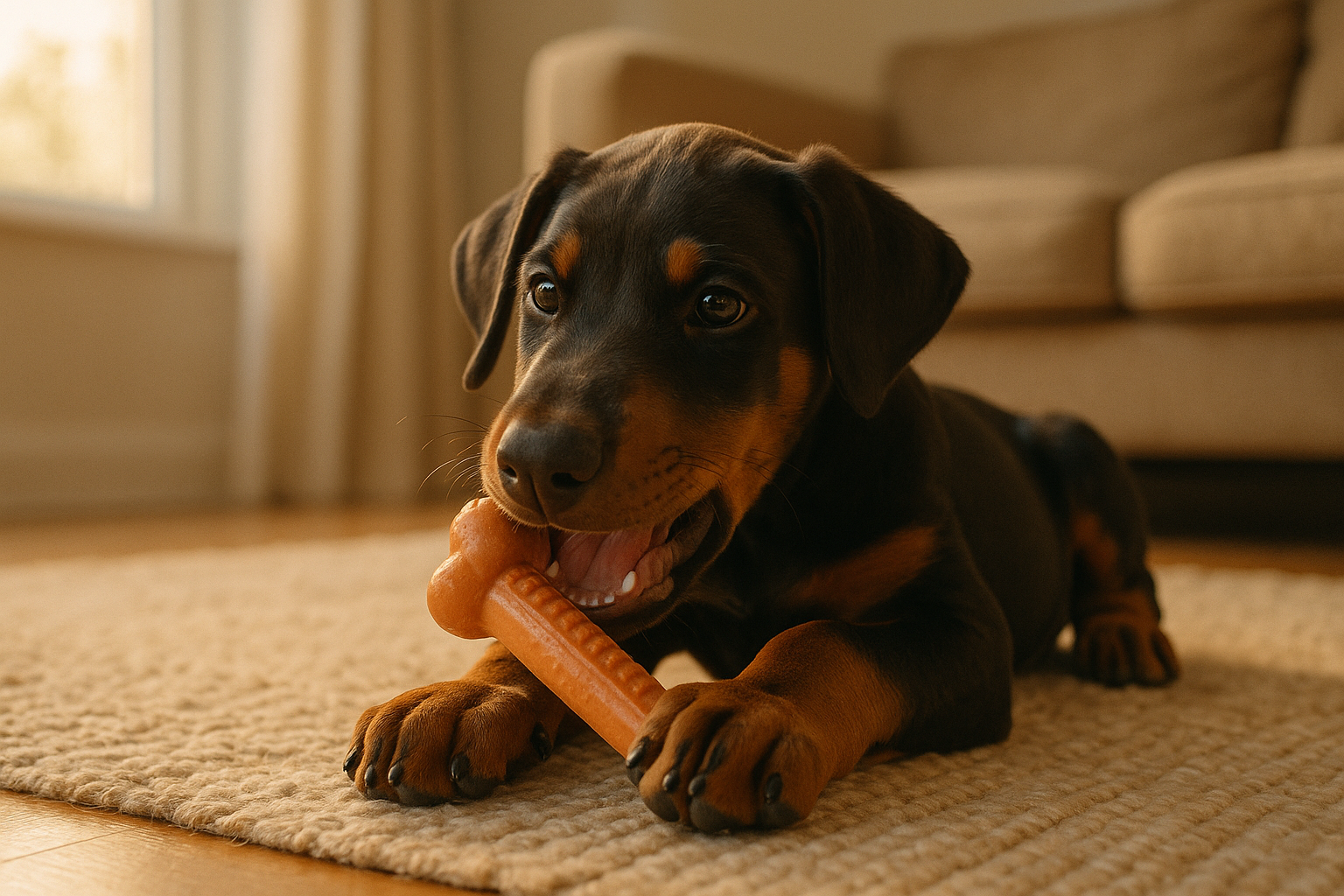 子犬が噛んでいいおもちゃを噛んでいる様子